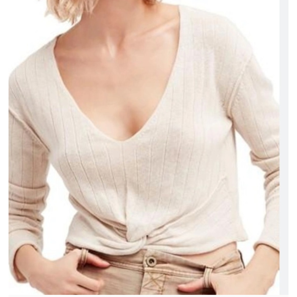 Free People V-Neck Twisted Knot Front Cream Linen Blend Knit Sweater Top XSmall